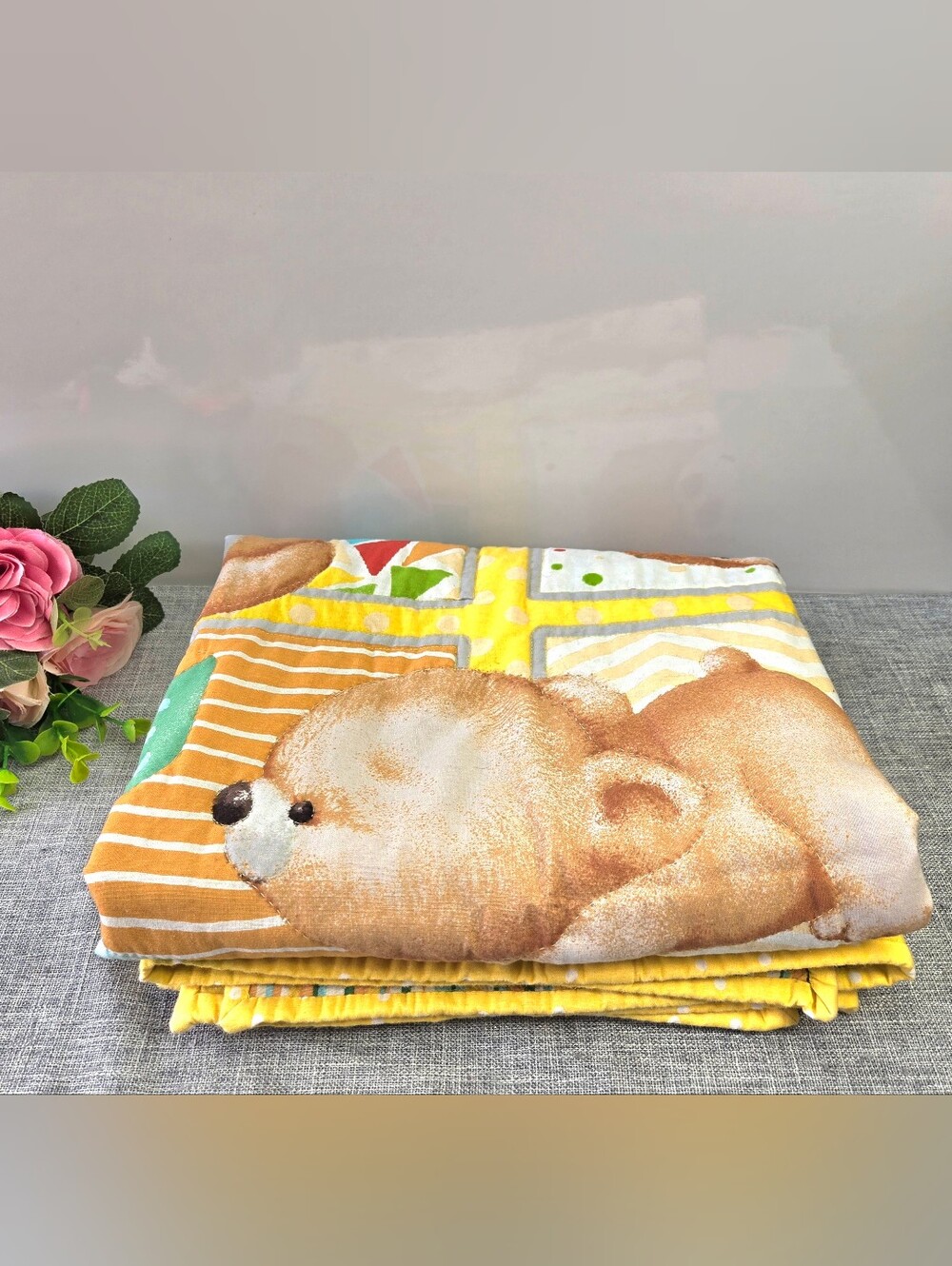 Vintage Bear Hugs Baby Quilt Blanket Blocks ABC Yellow Nursery Crib Throw 90s